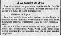 <em>Source gallica.bnf.fr / Bibliothèque nationale de France.</em></br></br>
<strong>Si le corps des professeurs est engagé derrière le Doyen dans le combat pour le droit, les étudiants non encore mobilisés ne manquent pas non plus au devoir de solidarité auquel ils sont appelés vis-à-vis de leurs camarades partis au front. Ces échanges sont l’occasion de mesurer la portée du discours de la « guerre du droit » au sein de la faculté de Paris.</strong>
