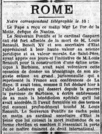 <em>Source gallica.bnf.fr / Bibliothèque nationale de France.</em></br>
</br>
<strong>Das dritte, weniger erwartete Dokument beschreibt die Reaktion des Pontifex auf den Tod von Louis Renault. Papst Benedikt XV., ein ausgebildeter Jurist und langjähriges Mitglied der päpstlichen Diplomatie, der während des Krieges wegen seiner Weigerung, Stellung zu beziehen, stark kritisiert worden war, schätzte sowohl Louis Renaults Einsatz für die internationale Schiedsgerichtsbarkeit als auch seine Persönlichkeit als gläubiger Katholik, so dass er sich öffentlich zum Tod des Juristen äußerte.</strong>