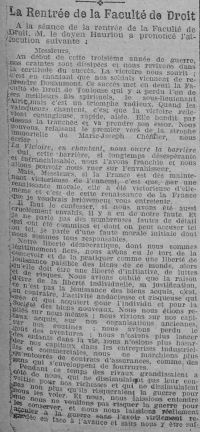 <em>Source Ville de Toulouse, Bibliothèque municipale de Toulouse-Rosalis, cote P014.</em></br></br>
<strong>Au terrible quotidien de la guerre et au sacrifice exemplaire d'un des étudiants de la faculté de droit de Toulouse, le doyen Hauriou ajoute une critique de l'attitude collective française d'avant-guerre.</strong>