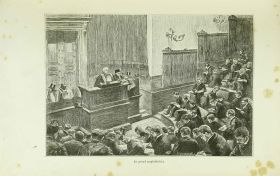 <p style=padding: 1.5em><em>Source Bibliothèque Cujas, cote 11.259</em><br></p>
<strong>
Cette gravure datée de 1888 illustre une ambiance de cours telle que l'on peut se la représenter encore en France en 1914, avant l'heure de l'entrée en guerre.</strong>