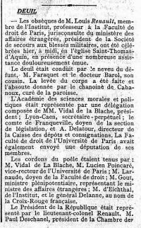 <em>Source gallica.bnf.fr / Bibliothèque nationale de France.</em></br>
</br>
<strong>Quatrième document, cet article du Figaro relate les obsèques de Louis Renault. L’énumération qu’il dresse des nombreuses personnalités françaises et internationales, issues des hautes sphères de l’État, présentes à cette cérémonie, illustre le rayonnement et la notoriété de Renault.</strong>