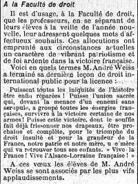 <p style=padding: 1.5em><em>Source gallica.bnf.fr / Bibliothèque nationale de France.</em>
<br>
</p>
<strong>In diesem Artikel, der die Neujahrsgrüße von Professor Weiss an seine Studenten dokumentiert, kann man den patriotischen Eifer beobachten, der den Lehrkörper beseelen kann, dessen kriegerische Sorgen sogar den Inhalt der Vorlesungen beeinflussen.</strong>
