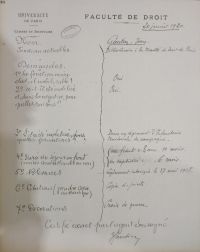 <p style=padding: 1.5em><em>Source: National archives, class. no AJ/16/1096.</em><br></p>
<strong>
The war and mobilization had a lasting impact on faculty libraries.<br>
Here, we have the example of the trying military career of Jean Gautier, librarian at the Faculty of Law in Paris. Soldier at the front, captured, intoxicated, he could not return to civilian life until 1919.</strong>
<br><br><p style="font-size: 0.95em;">
Translation: "January 20, 1920<br>
Name: Gautier, Jean.<br>
Current position: Librarian at the Paris Faculty of Law<br>
Questions.<br>
1° Was the civil servant mobilizable? Yes<br>
2° Was he mobilized and, if not, for what reasons? Yes.<br>
3° If he was mobilized, in which formations? In a regiment of territorial field infantry.<br>
4° Duration of stay at the front (fighting units or not). at the front : 3 years, 10 months. in captivity : 6 months.<br>
5° Wounds: Slightly intoxicated on May 27, 1918.<br>
6° Citations (attach authentic copy). Copy attached.<br>
7° Awards. Croix de guerre.<br>
Certified true by the undersigned officer<br>
Hautier"</p>