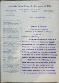 <p style=padding: 1.5em><em>Source: National archives, class. no F/17/13496.</em>
<br></p>
<strong>
In spite of the system that was put in place, the import circuits did not work very well. For example, only 24 German works were acquired by the library of the Faculty of Law in Paris between 1915 and 1919. Moreover, this letter from the bookseller Hermann testifies to the vagueness that still reigned after the war concerning the conditions of imports.</strong>