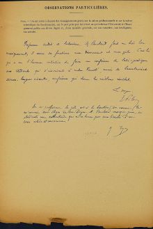 <em>Source Archives nationales, cote F/17/25712.</em></br>
</br><strong>Cette évaluation élogieuse du doyen Pilon appuyée par le recteur Lyon est écrite à un moment où Louis Boulard est déjà mort, mais la nouvelle n'est pas encore parvenue à ses proches.
</strong>
</br></br><p style=0.95em>Transcription :</br>
« Professeur érudit et laborieux, M. Boulard fait un très bon enseignement ; il exerce ses fonctions avec dévouement et avec zèle. C’est lui qui a eu l’heureuse initiative de faire une conférence de latin-juridique aux étudiants qui s’inscrivent à notre Faculté munis du baccalauréat sciences - langues vivantes, conférence qui donne les meilleurs résultats.</br>
Le doyen : E. Pilon</br>
En ce professeur le zèle est à la hauteur du savoir. Je m’associe au éloges de son Doyen. M. Boulard marque pour ses étudiants une sollicitude qui ne se borme pas aux limites d’un cours solide et consciencieux.</br>
G. Lyon</br>
21 SEPT. 1914 »</p>