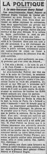 <em>Source gallica.bnf.fr / Bibliothèque nationale de France</em>
<br><br>
<strong>Wie viele andere Studenten der katholischen Fakultät von Lyon, die im Krieg gefallen oder ausgezeichnet worden waren, wird auch Henry Reboul in der Zeitung L'</em>Action française</em> gewürdigt. Der Artikel stammt aus der Feder von Charles Maurras, der darin die Tapferkeit von Henry Reboul mit der angeblichen Feigheit der Sozialisten vergleicht.</strong>