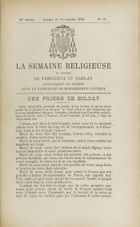 <em>Source gallica.bnf.fr / Bibliothèque nationale de France</em>
<<br><br><strong>Der Tod von Jacques Jacquier sorgt im Departement Rhône für großes Aufsehen, nachdem die regionale Presse eines seiner im Kampf verfassten Gebete veröffentlicht hat, in dem er seine Opferbereitschaft im Namen Frankreichs und Gottes preist.</strong>
