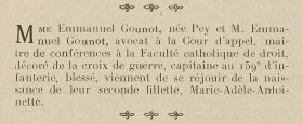 <em>Source gallica.bnf.fr / Bibliothèque nationale de France</em>
<br><br>
<strong>
Sur les 14 professeurs en fonction à la faculté catholique de droit de Lyon à la rentrée 1914, seul Emmanuel Gounot, maître de conférences de 29 ans, est envoyé au front. Il devient capitaine commandant de la 14<sup>e</sup> compagnie du 159<sup>e</sup> régiment d'infanterie avec citations aux ordre du régiment et de la division pour ses « plus belles qualités de sang-froid, courage, décision, mépris du danger ».
</strong>